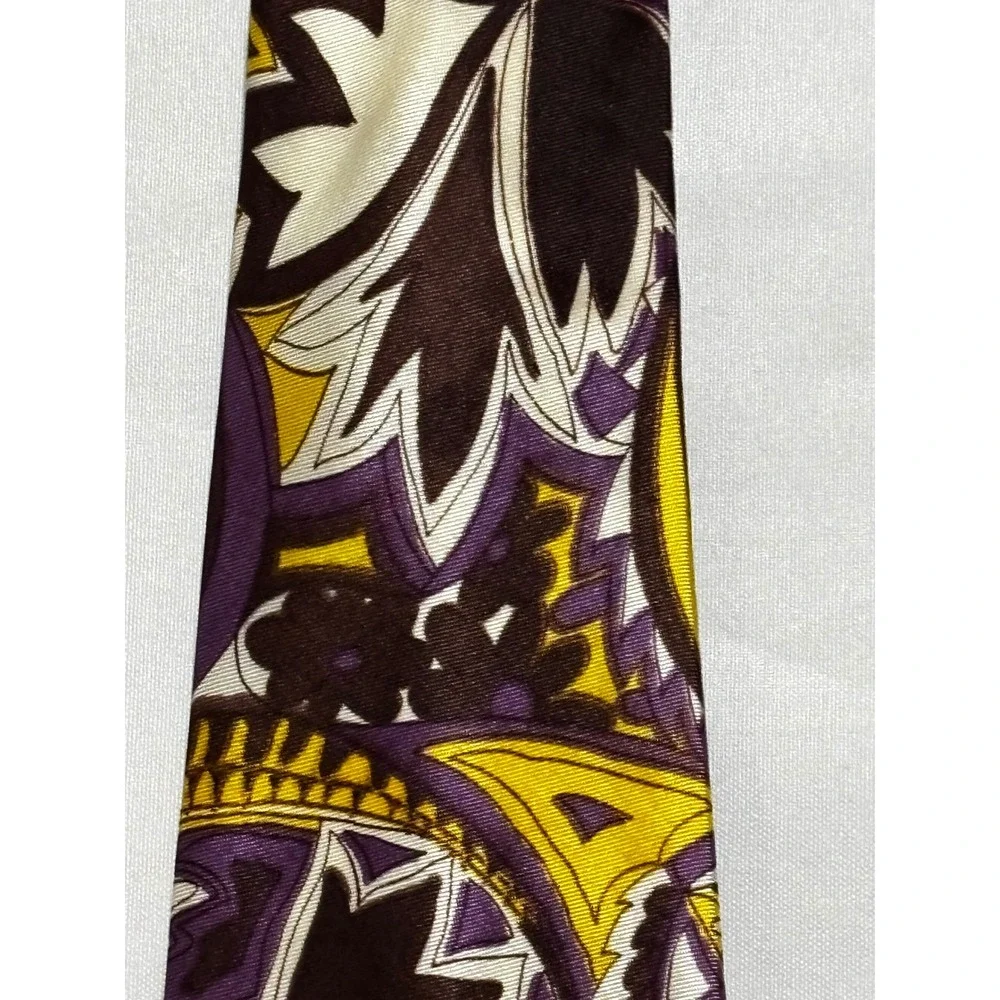 Vintage Vibrant Paisley Artsy Print Silk Neck Tie Retro Purple Yellow wide‎